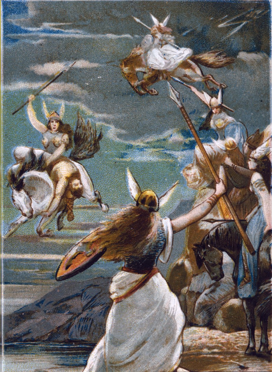 Mitologia nórdica: Os Walkyries (guerreiros virgens) em Valholl (ou Walhalla, Valhalla, Valhalle: lugar onde os bravos guerreiros são trazidos) e a queda dos guerreiros em batalha. chromolithographof do século XIX de Unknown artist