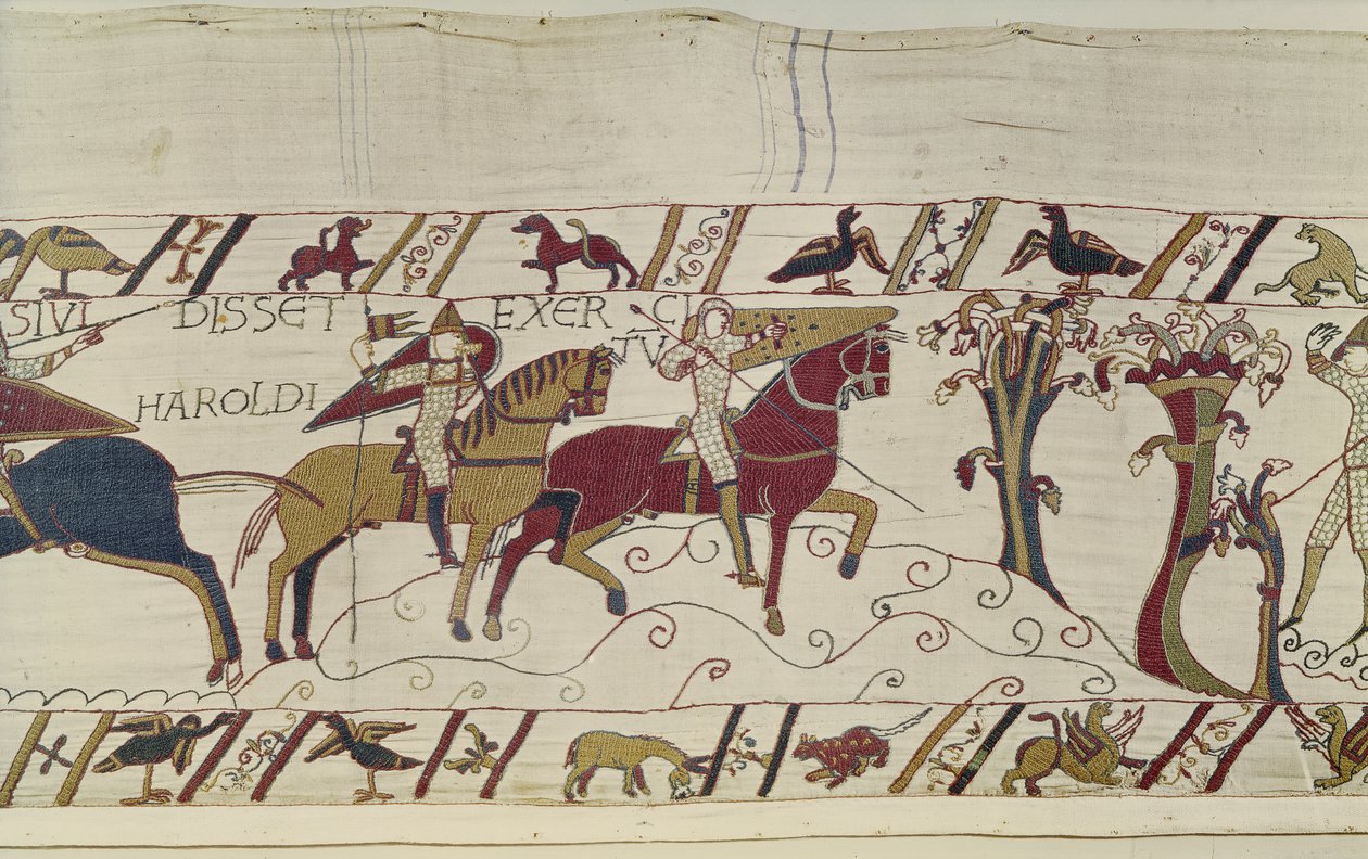 Batedores normandos são enviados à frente para observar os movimentos de Harold, Bayeux Tapestry(bordado de lã em linho) de Unknown artist