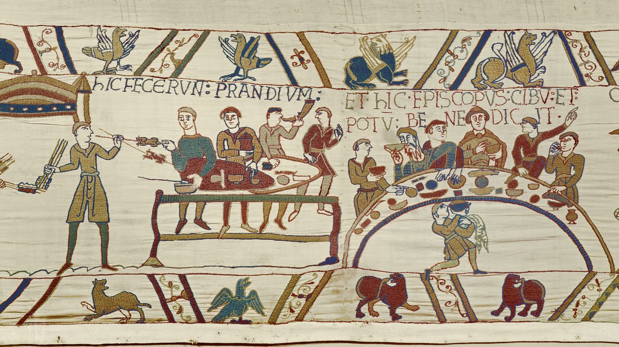 Os criados normandos preparam um banquete para William e o Bispo Odo abençoa a refeição, Bayeux Tapestry (bordado de lã em linho) de Unknown artist