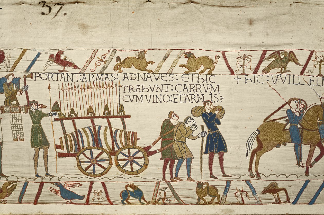 Normandos puxando uma carroça carregada de vinho e armas, Tapeçaria Bayeux (bordados de lã em linho) de Unknown artist