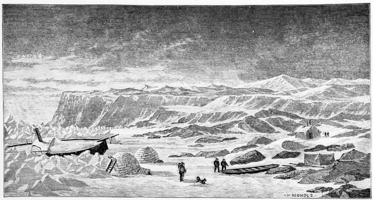 Pólo Norte: Igloos e barco quebra-gelo (Ice Breeze), desenho, Primavera de 1873. de Unknown artist