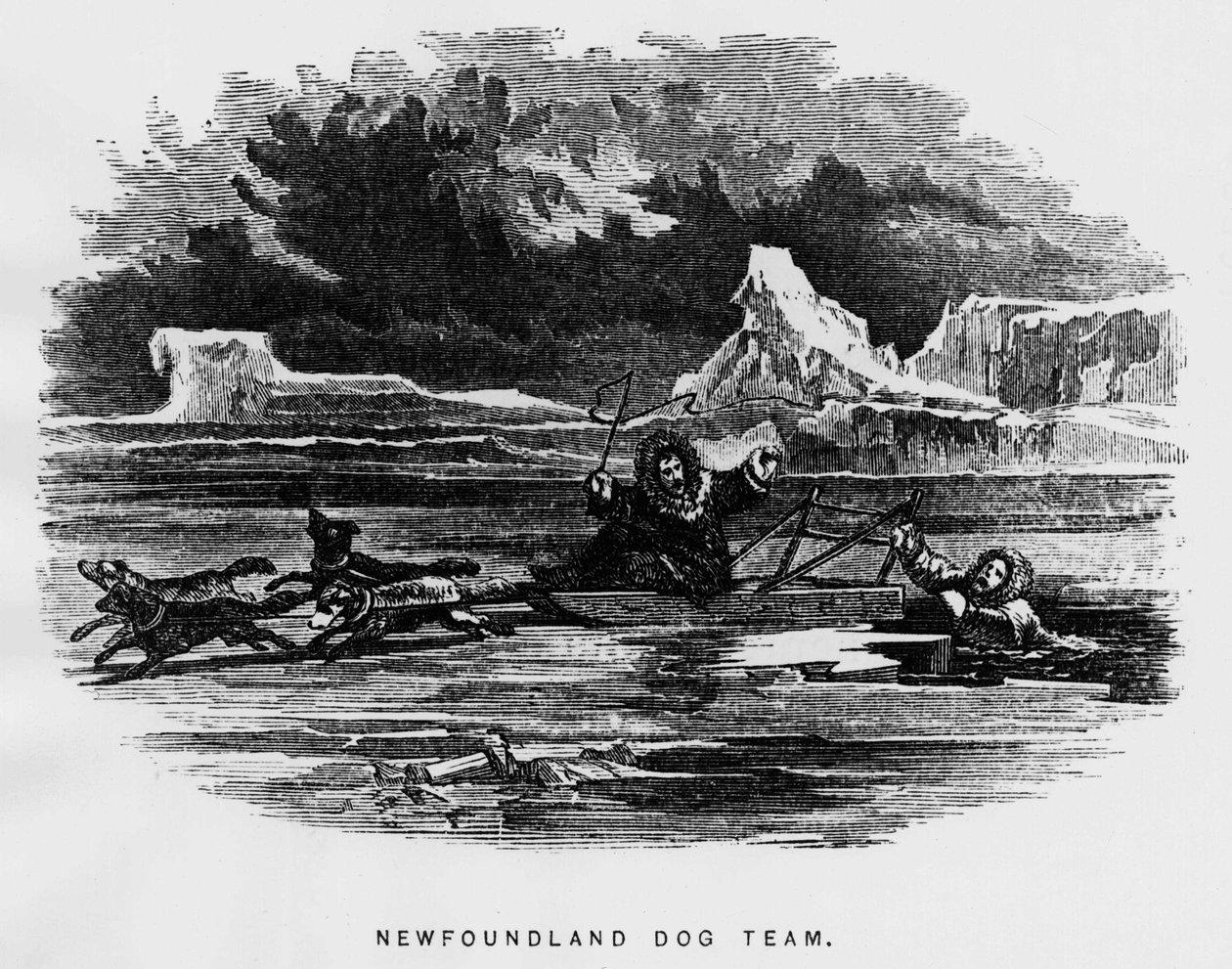 Pólo Norte: cão de trenó pairando sobre um homem cai pelo gelo - Elisha Kent Kane, Exlorations Artic Exlorations in the years 1853-1855, Philadelphia, Childs and Peterson de Unknown artist
