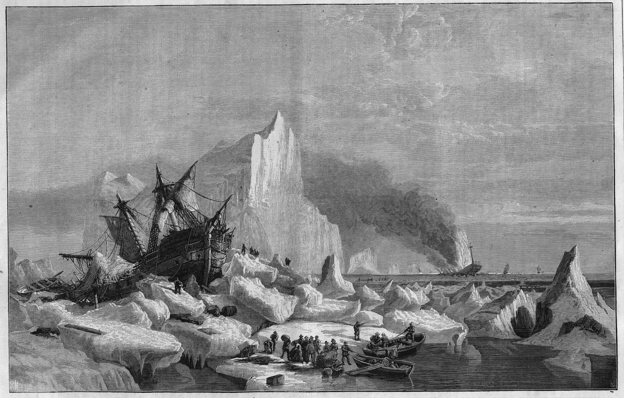 Navios noruegueses de pesca no gelo na costa de Spitzberg, no Oceano Árctico de Unknown artist