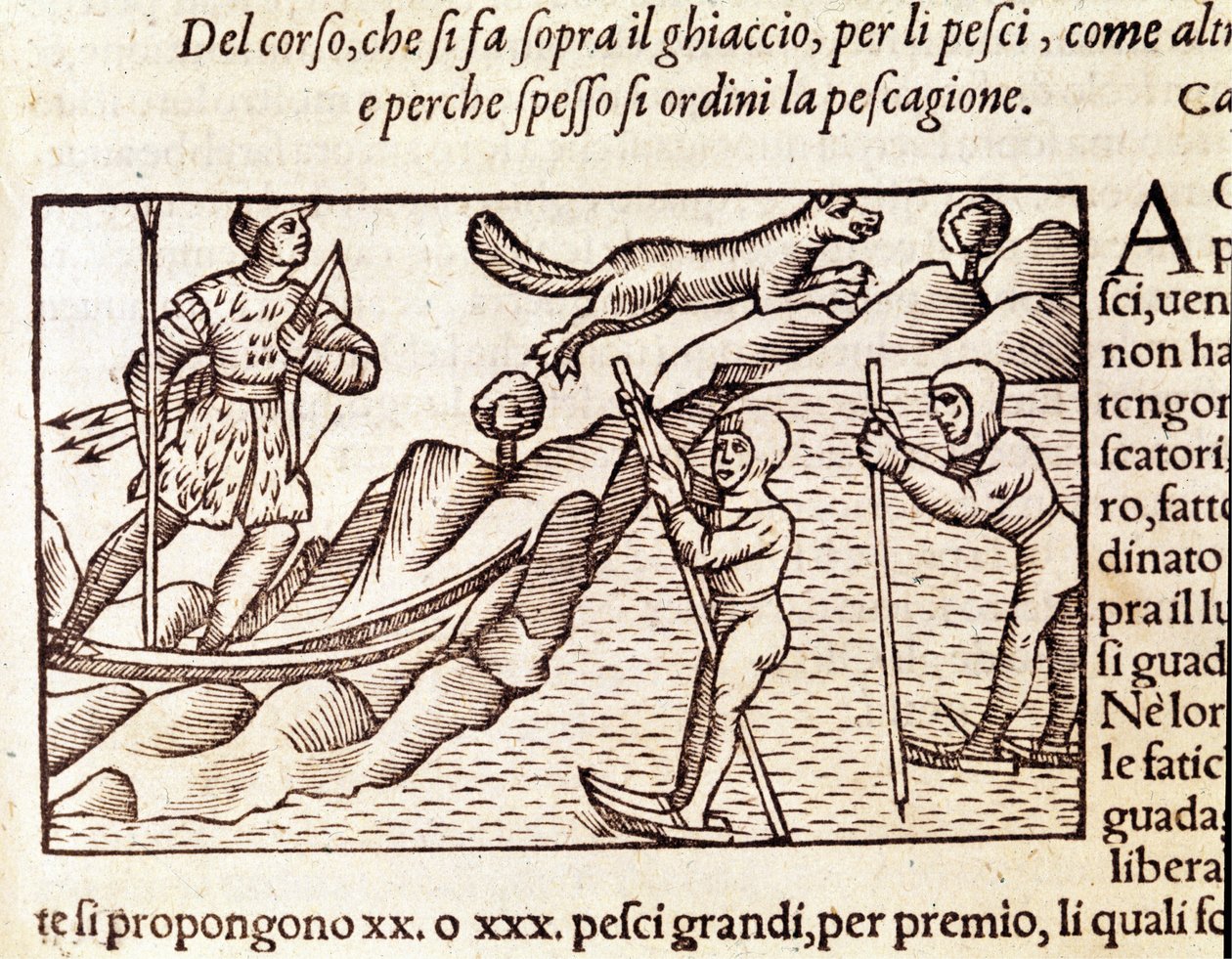 Caçadores noruegueses em movimento através de esquis. gravura de Olaus Magnus (1490 - 1557), religioso e geógrafo sueco, "Historia de Gentis Septentrionalibus", Veneza de Unknown artist