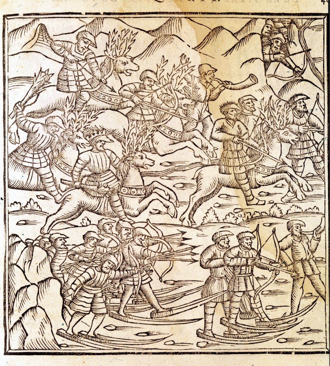Caçadores noruegueses que viajam em esquis e renas. Gravura de Olaus Magnus (1490 - 1557), religioso e geógrafo sueco, "Historia de Gentis Septentrionalibus", Veneza de Unknown artist