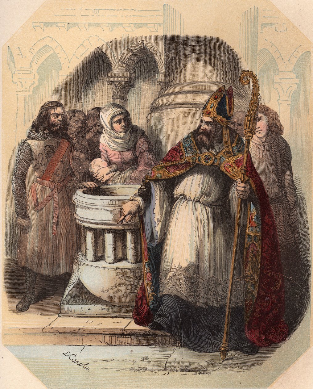 Notger (930-1008) (Notker de Liège), eveque de Liège, durante o baptismo de Otton III (980-1002), Rei da Alemanha. Gravura de 1868 no "Histoire de Belgique desde os tempos primitivos até o fim do regimento de Leopoldo I" de Theodore Juste (1818-1888). Priv de Unknown artist
