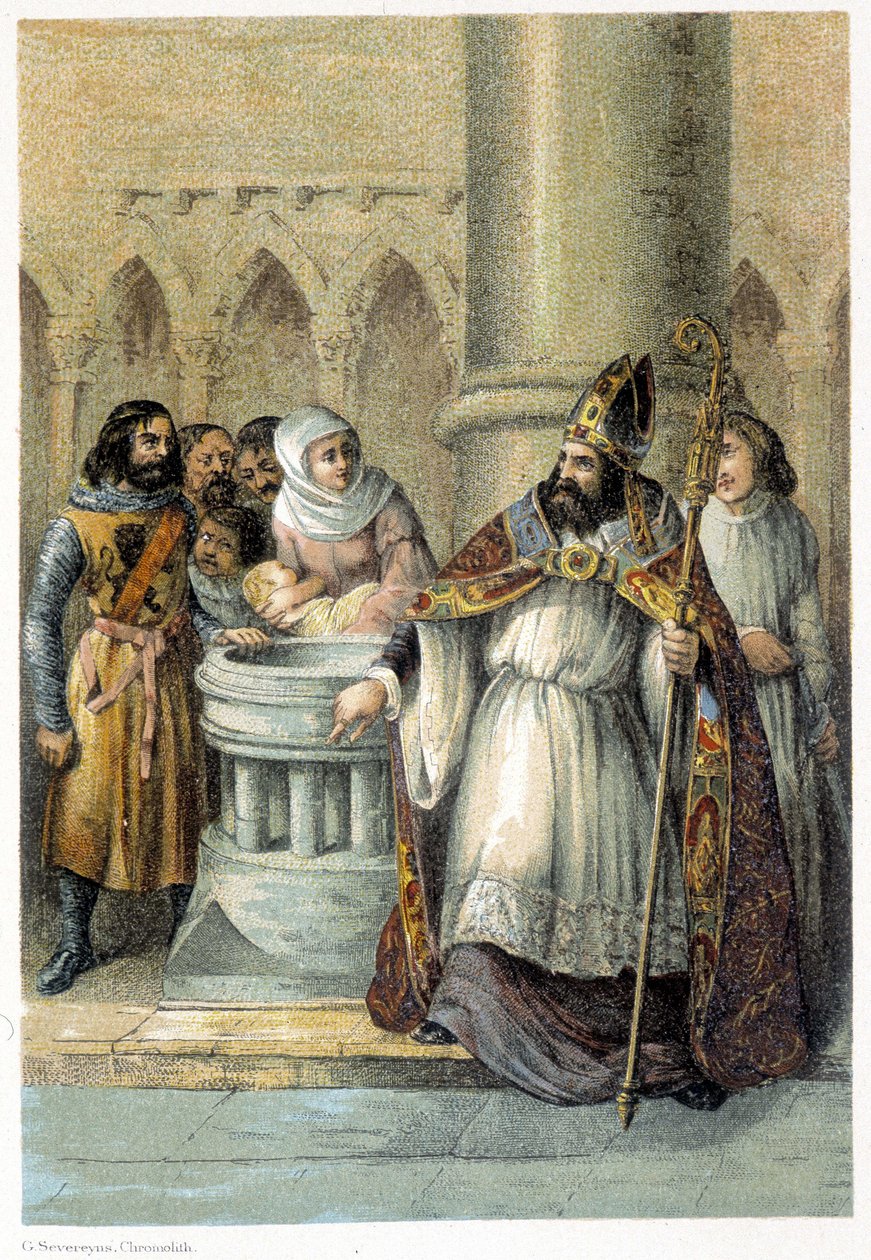 Notger (930 - 1008), eveque de Liège, durante o batismo de Otton III (980-1002), Rei da Alemanha. Cromolitografia do século XIX. de Unknown artist