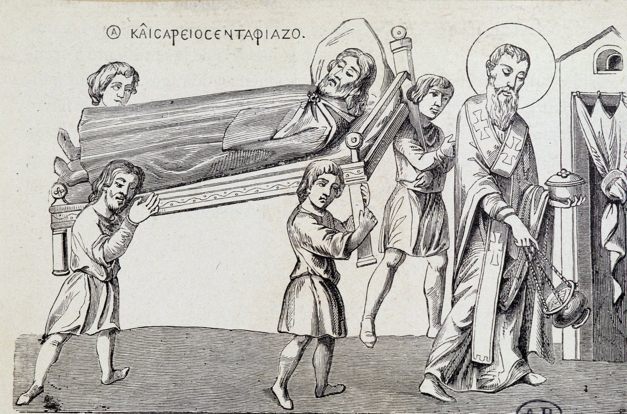 Obseque de São Cesaire por seu irmão São Gregoire, do século IX doc grego de Unknown artist