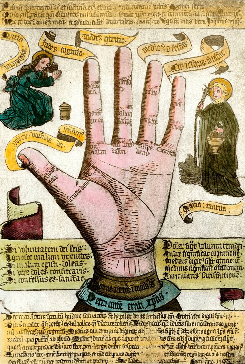 Ciências ocultas: a mão com suas linhas para ler o futuro. Placa desenhada a partir de uma quiromancia de Unknown artist