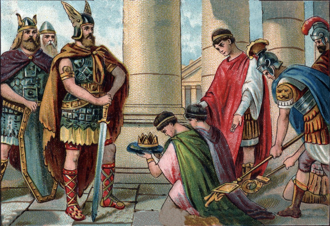 Odoacre (Odovacar, 435-493), chefe dos Herules, obriga a abdicação de Romulus Augustule, em latim Flavius Romulus Augustus (ou Romulus Augustulus (nele). Romolo Augustolo), cerca de 460 - 511), último imperador romano do Ocidente, em 476. Cromolitografia de Unknown artist