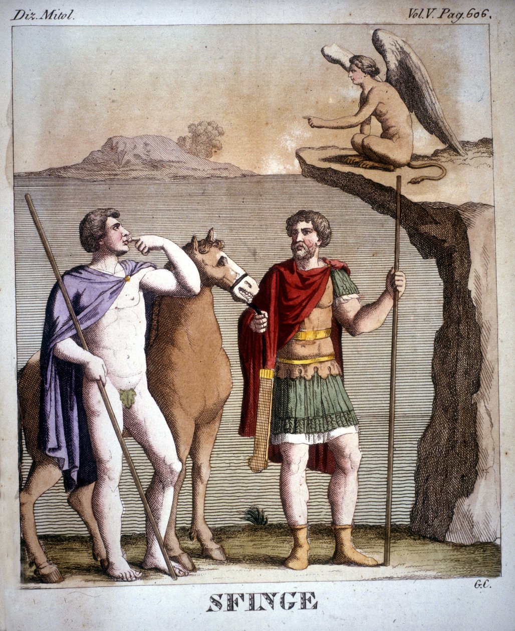 Édipo e a Esfinge - em "Dizionario mitologico", gravura do século XIX, Bibl. di Brera, Milão. de Unknown artist