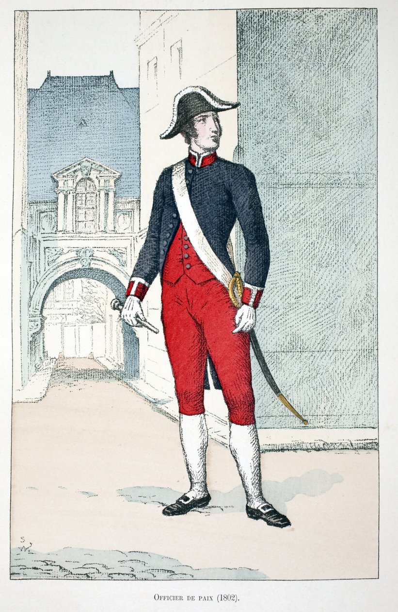 Oficial da Paz (1802). Gravura colorida, para ilustração do livro "Histoire du corps des gardiens de la paix" publicado sob os auspícios de Louis Lepine (1846-1933) prefet de police de la Seine, de Alfred Rey (1864-?) e Louis Feron (1862-?) , de Unknown artist