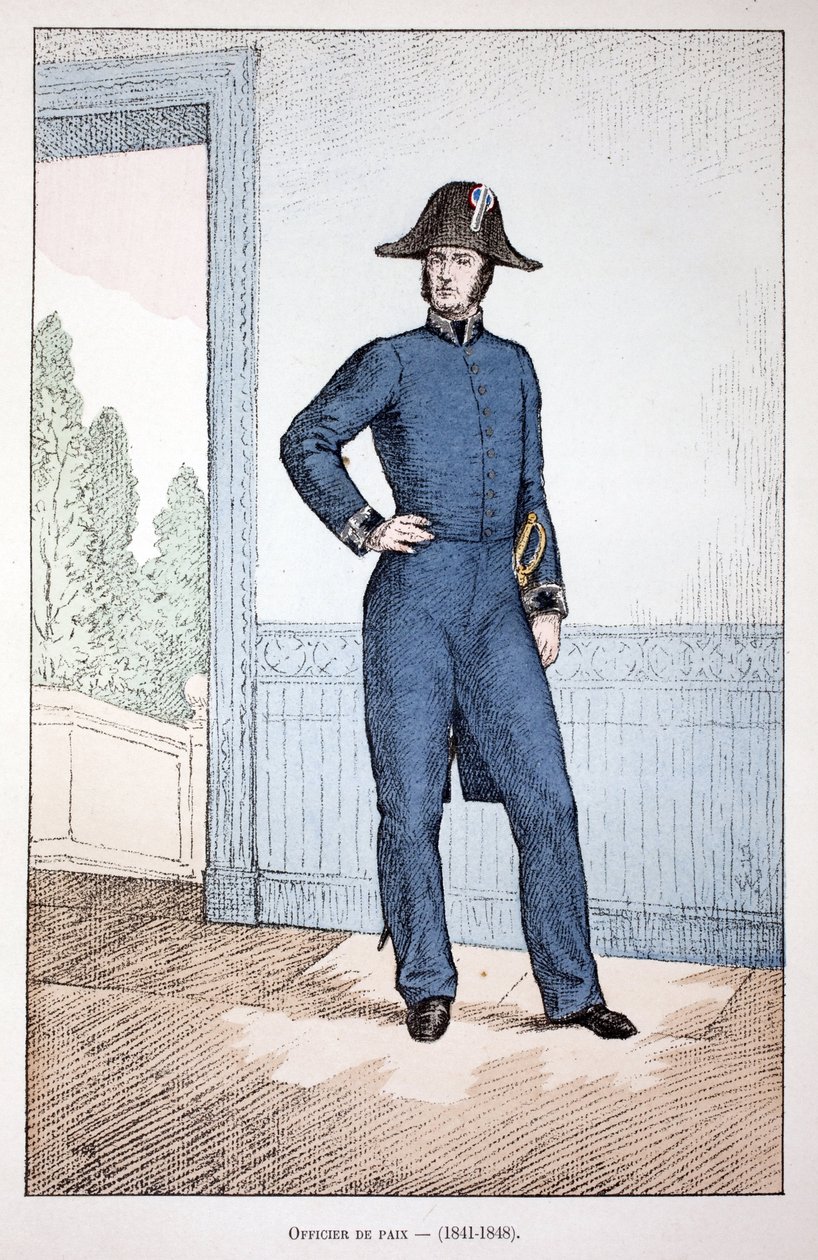 Oficial da Paz (1841-1848). Gravura colorida, para ilustração do livro "Histoire du corps des gardiens de la paix" publicado sob os auspícios de Louis Lepine (1846-1933) prefet de police de la Seine, de Alfred Rey (1864-?) e Louis Feron (1862-?) de Unknown artist