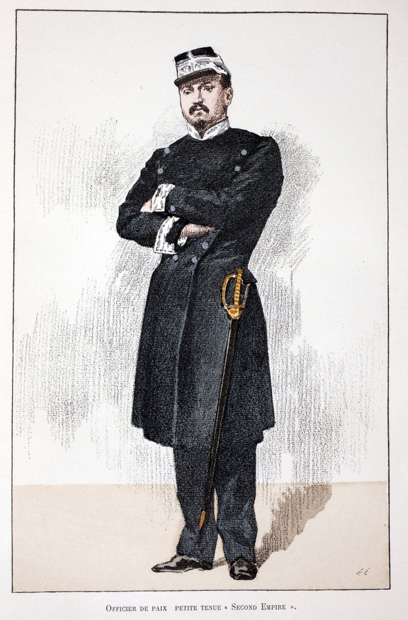 Officer of Peace, Small Second Empire Dress (1852-1870). Etching in color, para ilustração do livro "Histoire du corps des gardiens de la paix" publicado sob os auspícios de Louis Lepine (1846-1933) prefet de police de la Seine, de Alfred Rey (186 de Unknown artist