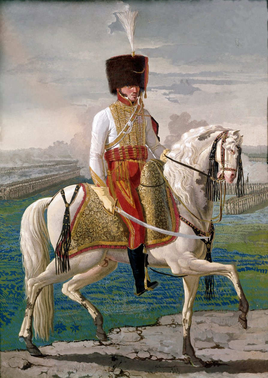Oficial do Velites a cavalo, corpo militar criado em honra do Imperador Napoleão I. tempera do início do século XIX. Museo Nazionale di San Martino Nápoles de Unknown artist
