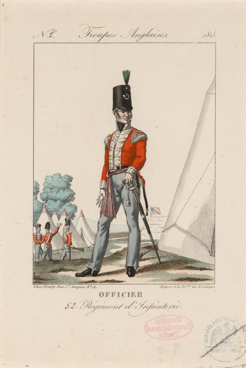 Officier 52 Regiment dInfanterie, c.1815 (gravação a cores) de Unknown artist