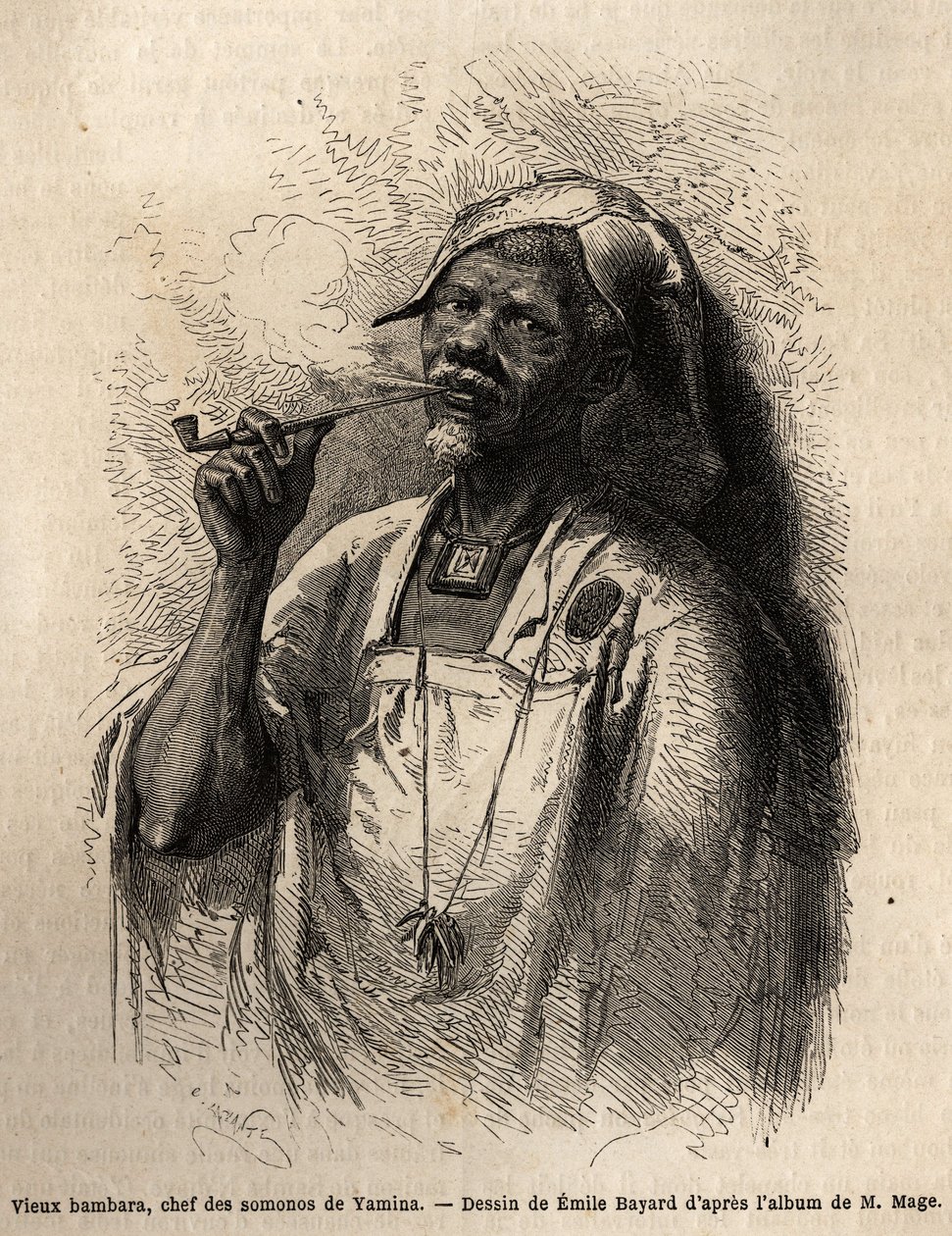 O velho Bambara, chefe da tribo em Yamina (Níger) fumando o cachimbo e usando a tradicional capa de chefe da sua tribo. Gravura para ilustrar a viagem ao Sudão Ocidental do Tenente (Marinha) M.Mage, em 1863-1866, publicada em "Le tour du monde, nouveau jou de Unknown artist