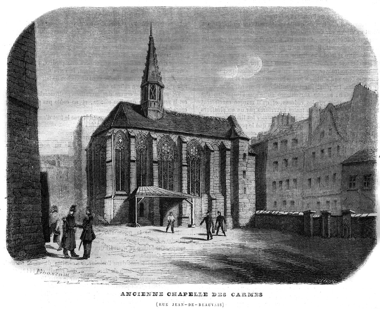 O velho Chapelle des Carmes rue Jean de Beauvais em Paris, no 5º arrondissement. Gravura de 1858. de Unknown artist