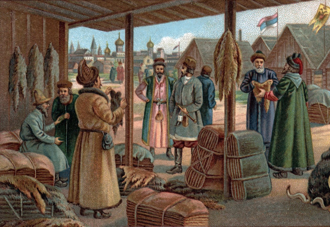 Velhos centros comerciais: Feira de peles em Novgorod (Veliky Novgorod), Rússia no século XIX. de Unknown artist