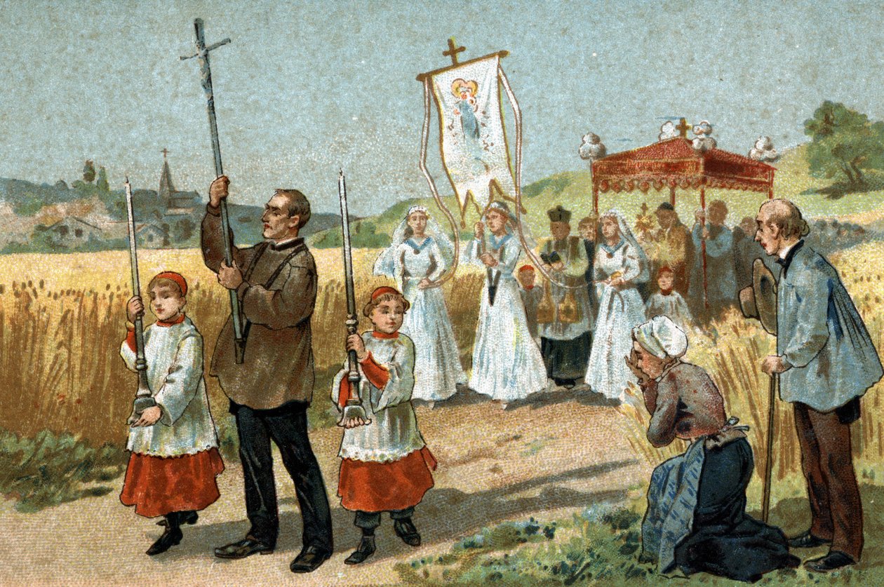 Antigo costume celebrado na região das bagas: a procissão no trigo. A festa religiosa. Cromolitografia do final do século XIX. de Unknown artist