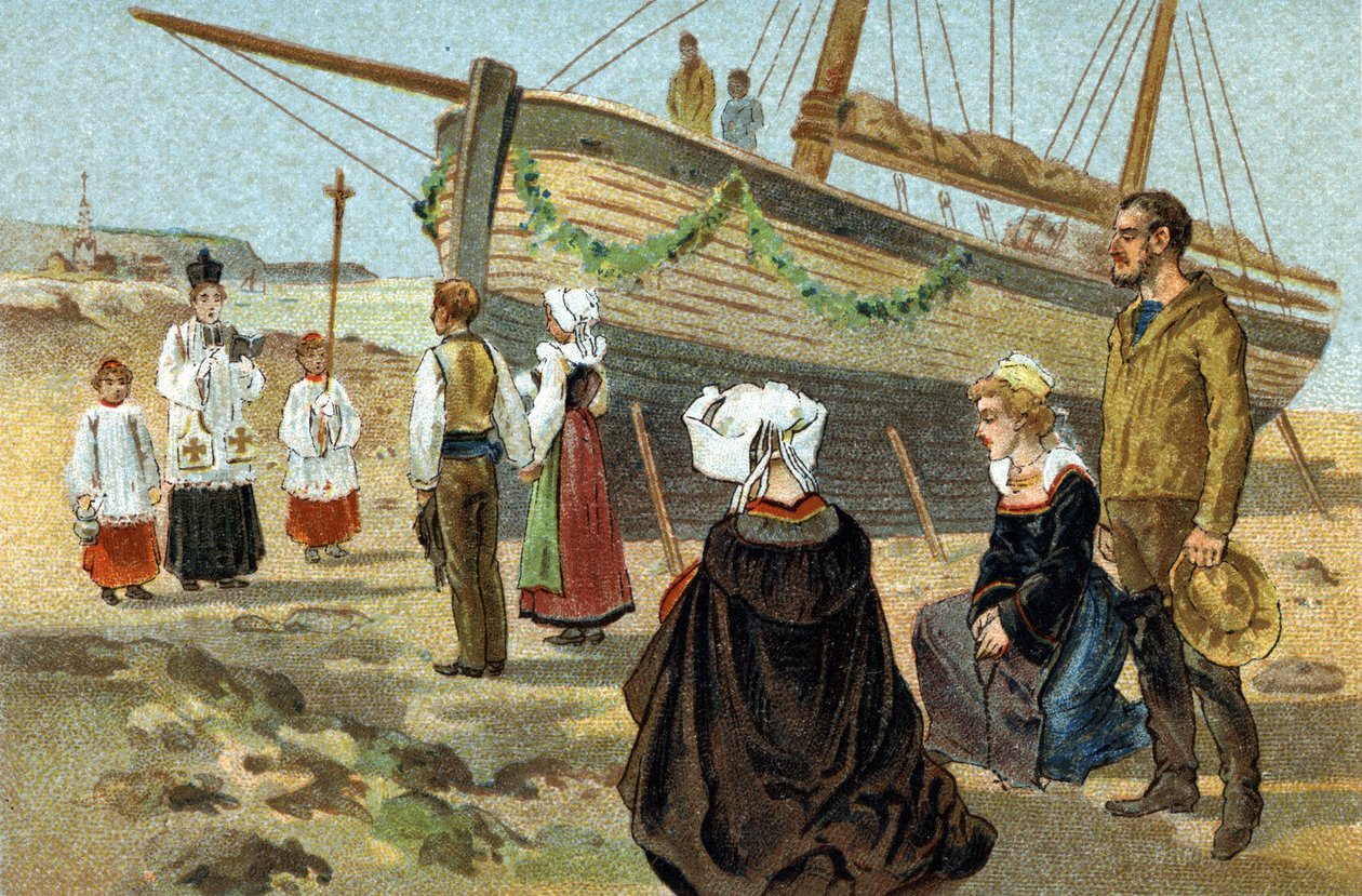 Antigo costume celebrado na região da Bretanha: o batismo de um barco de pesca. Cromolitografia do final do século XIX. de Unknown artist