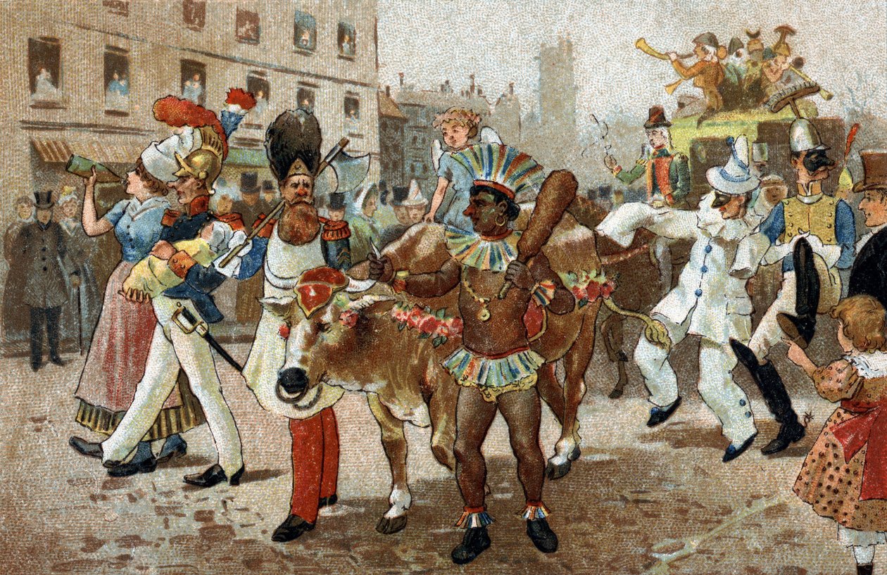 Antigo costume celebrado na região da Ile de France: A procissão do pasto de carne em 1830. A cromolitografia do final do século XIX. de Unknown artist