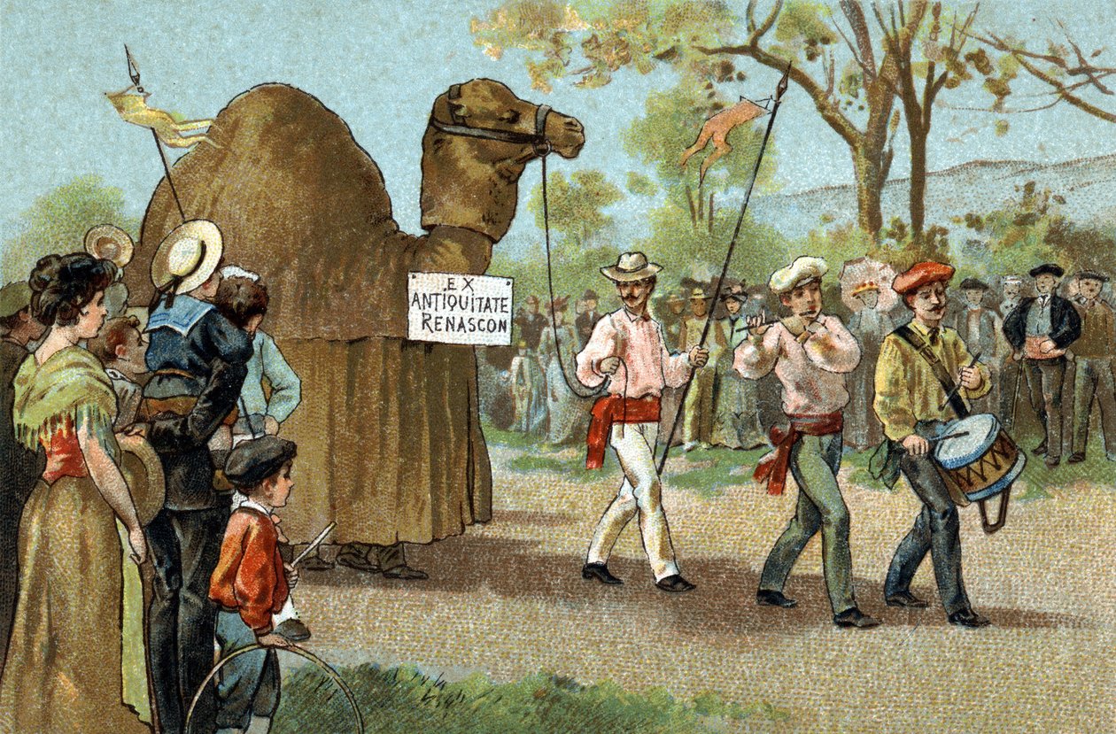 Antigo costume celebrado na região de Languedoc: O passeio de camelo no dia de Santa Afrodite. Cromolitografia do final do século XIX. de Unknown artist