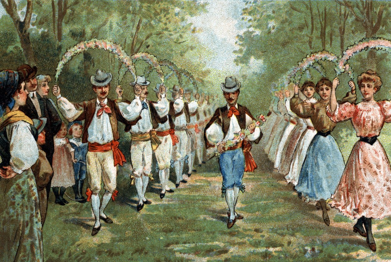 Antigo costume celebrado na região de Languedoc: a dança das trellas. Cromolitografia do final do século XIX. de Unknown artist