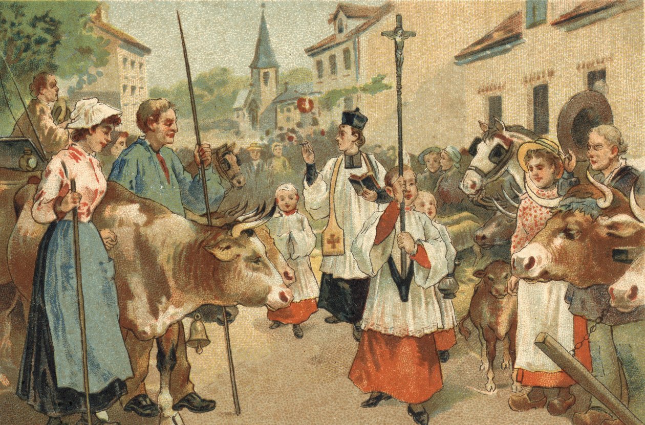 Antigo costume celebrado na região de Nivernais: a bênção dos rebanhos. Cromolitografia do final do século XIX. de Unknown artist