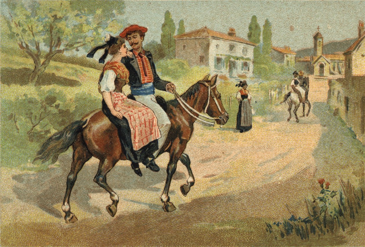 Antigo costume celebrado na região da Provença: a assembleia dos Camarguais. Cromolitografia do final do século XIX. de Unknown artist