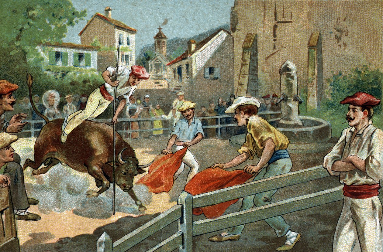 Antigo costume celebrado na região da Biscaia: Corridas Landaise numa aldeia. Cromolitografia do final do século XIX. de Unknown artist