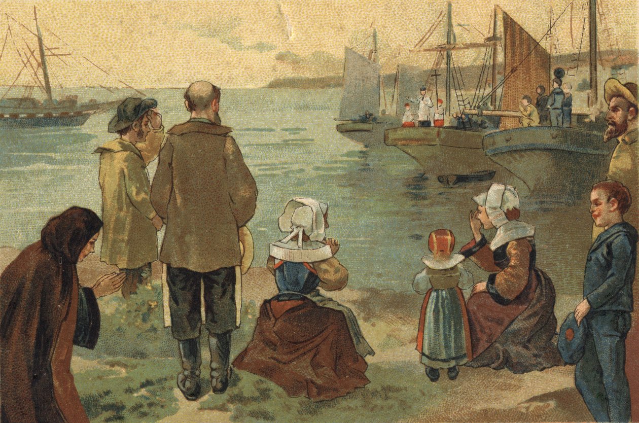 Antigo costume celebrado na região da Bretanha: a bênção da Terre Neuvas. Cromolitografia do final do século XIX. de Unknown artist