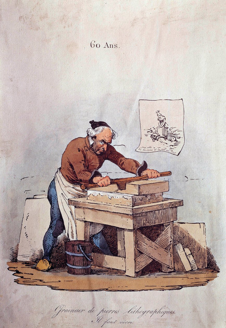 Velhos metiers: o granizo de pedra litográfica. Esta é uma das etapas da impressão das litografias que consiste em preparar a pedra com tinta. Ilustração da colecção privada do século XIX de Unknown artist