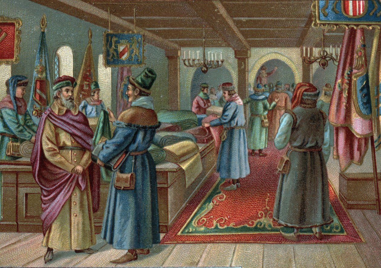 Antigos centros comerciais: salão de linho em Bruges, Bélgica, no século XV. Cromolitografia do final do século XIX de Unknown artist