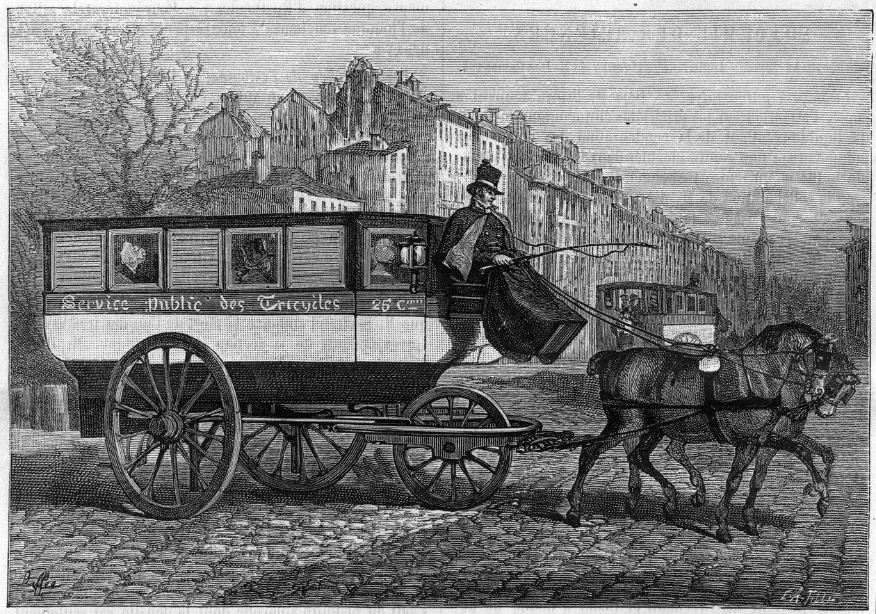 Omnibus tem três rodas ou triciclo nas ruas de Paris. Gravura em "La Nature". Revue des sciences et de ses applications aux arts et a l