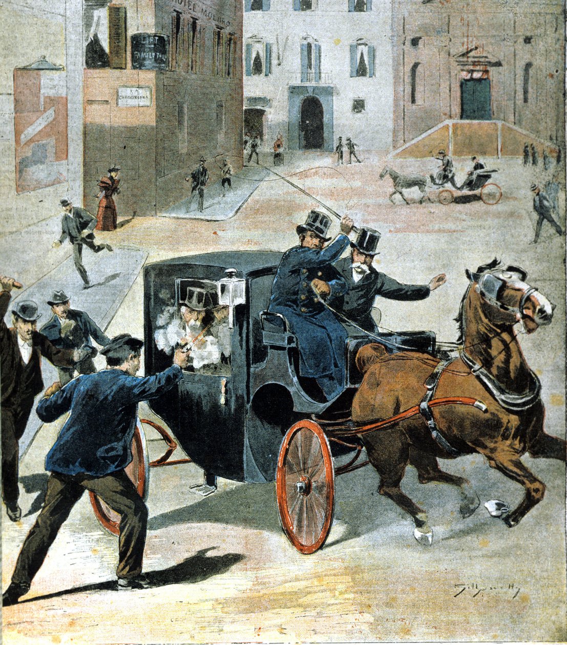 A 16 de Junho de 1894, em Roma, o anarquista Paolo Lega disparou um revólver contra Francesco Crispi, Presidente do Conselho Italiano. Ilustração do período. de Unknown artist