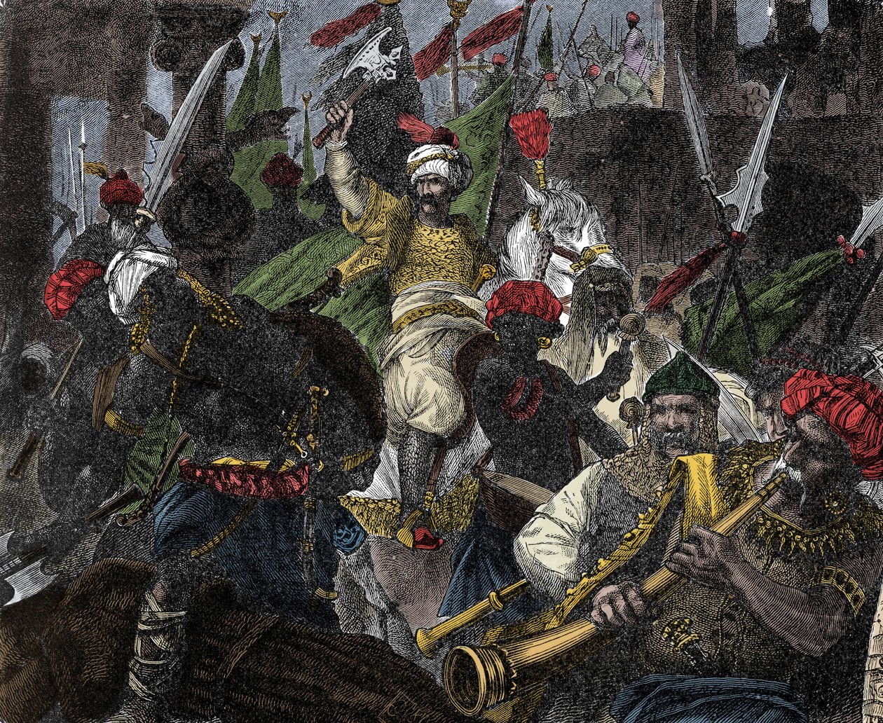 Em 29 de maio de 1453, a tempestade de Constantinopla por Muhammad II, sultão do Império Otomano - Captura de Constantinopla: o exército do sultão otomano Mehmet II (Mehmed II o Conquistador ou Muhammad II Fatih) (1430-1481) sitiou a cidade de Constantinop de Unknown artist