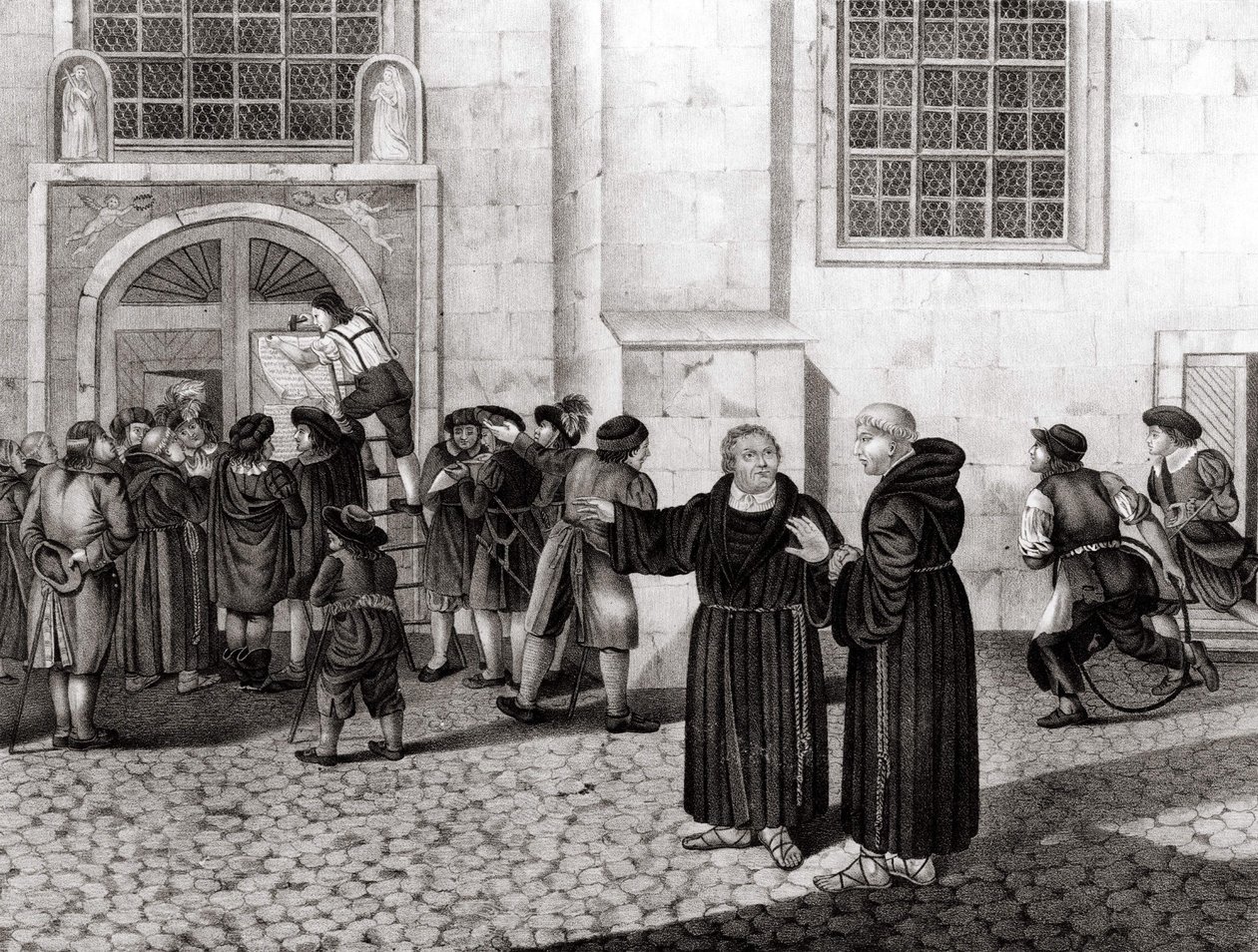 Em 31/10/1517, Lutero afixou nos portões do Castelo de Wittenberg suas 95 teses "denunciando a venda de indulgências e que marcaram o início da Reforma - grav. de Unknown artist
