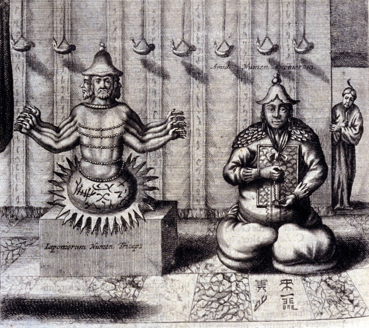 À esquerda, a divindade hindu tem oito braços, à direita Amida, Buda japonês. "De China Monumenta", de Athanasius Kircher (1601 - 1680), jesuíta, orientalista e erudito alemão, Amsterdam 1667. de Unknown artist