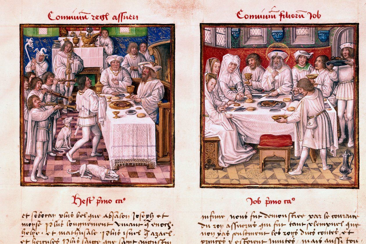 À esquerda, a festa de Assuero 1 (Xerxes 1). À direita, a festa dos filhos de Jó. Miniatura do manuscrito "Le Miroir de l