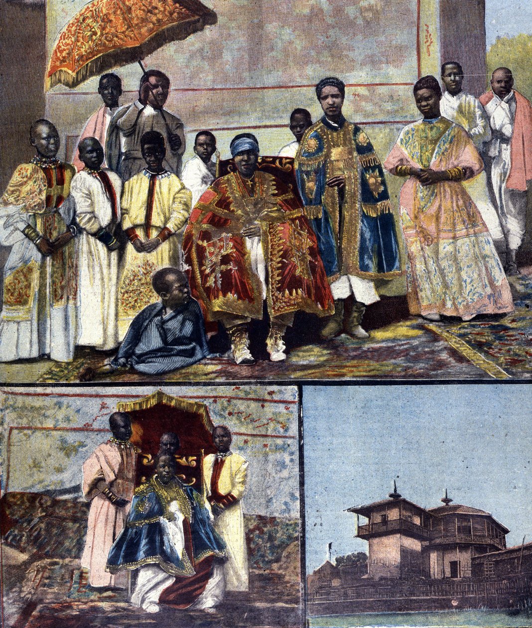 No topo está o Impress Taitou da Etiópia, esposa de Menelik II e sua sequela. Na parte inferior esquerda está a sua filha, a futura rainha Zaouditou (1876 - 1930). À direita, o Palácio Imperial Ghebi em Adis Abeba. Ill. para a imprensa do final do século X de Unknown artist