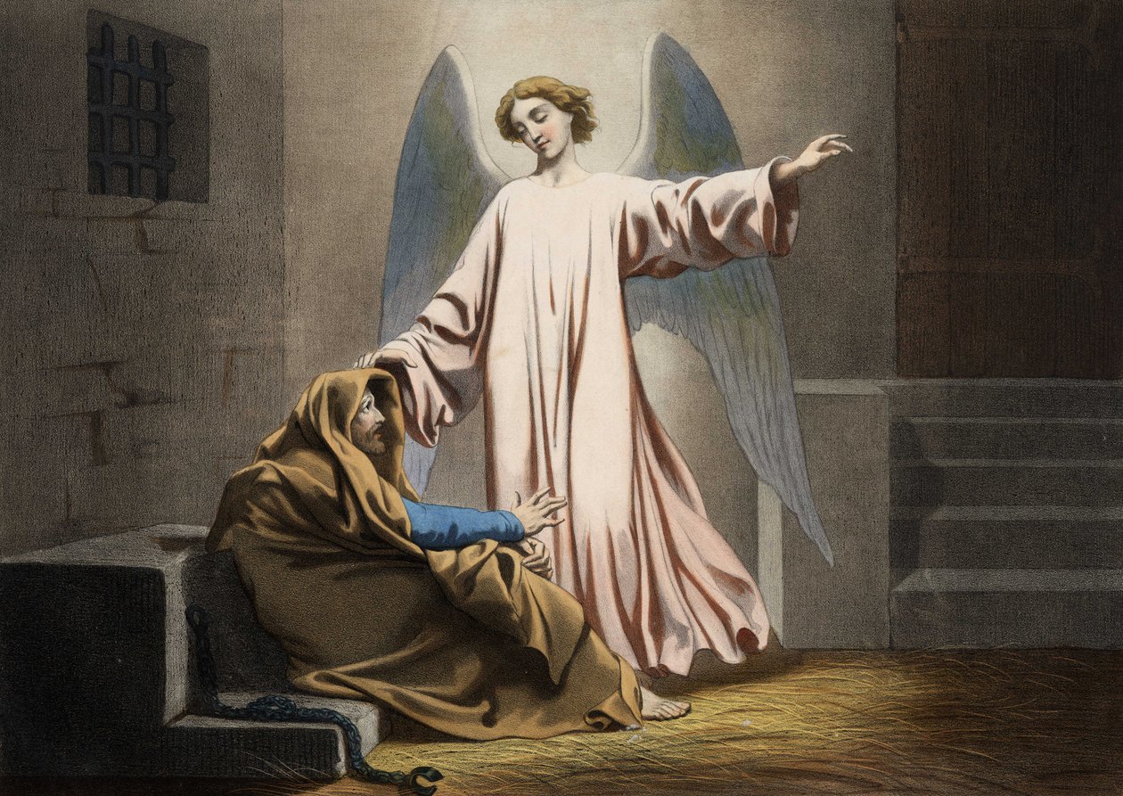 Uma vez parado duas vezes, São Pedro é entregue por um anjo. Gravura anónima de meados do século XIX. de Unknown artist