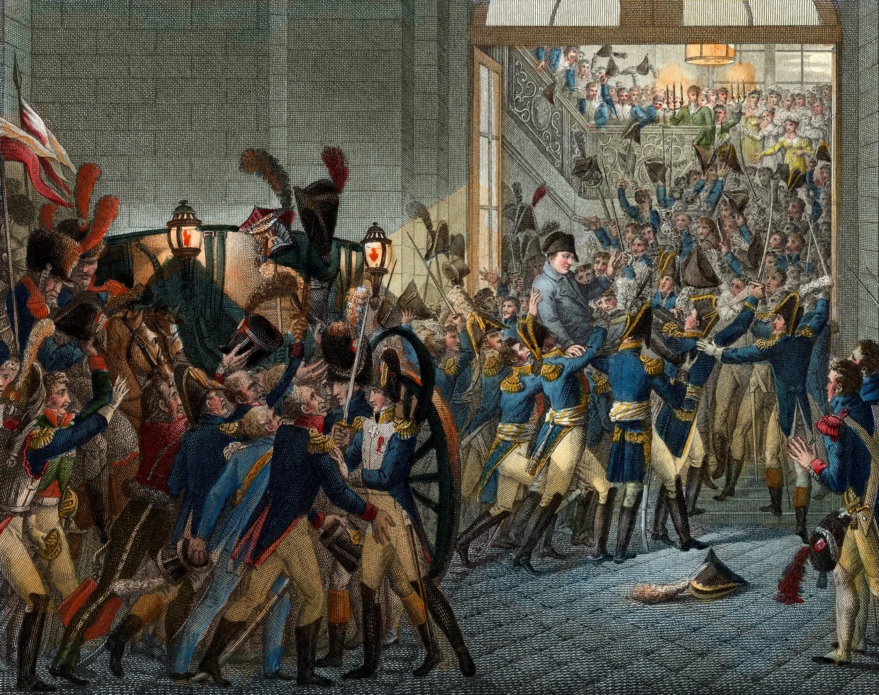 Cem dias: "Napoleão Bonaparte (1769-1821) voltou do seu exílio na ilha de Elba - entrada triunfal em 20 de Março de 1815 no Palais des Tuileries - Gravura do século XIX de Unknown artist