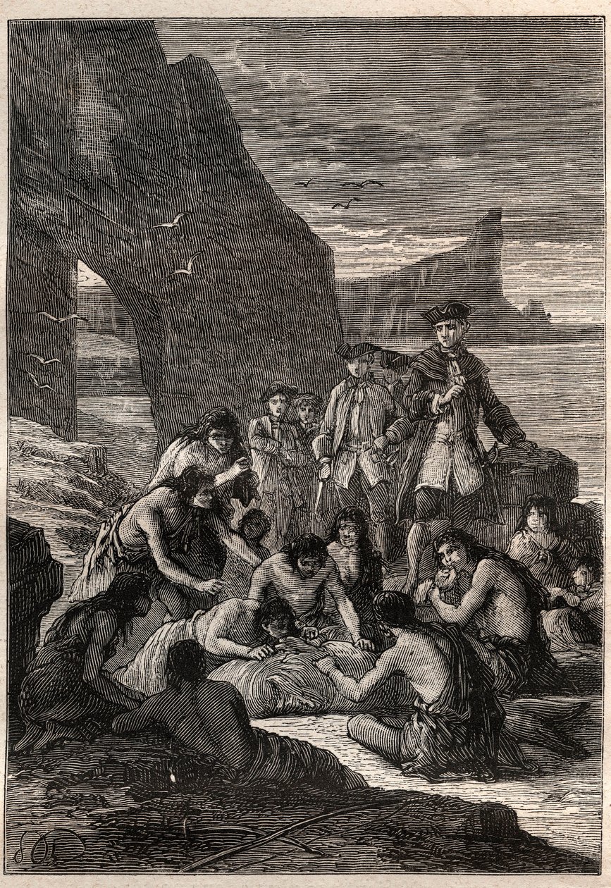 Um deles está desacoplado com os dentes: O Vice-Almirante John Byron (1723-1786) numa das ilhas de Detroit de Magalhães - os Fuegians (habitantes da Terra do Fogo) decuparam com os dentes uma baleia que tinha sido rasgada e petrificada na praia - doente. de Unknown artist