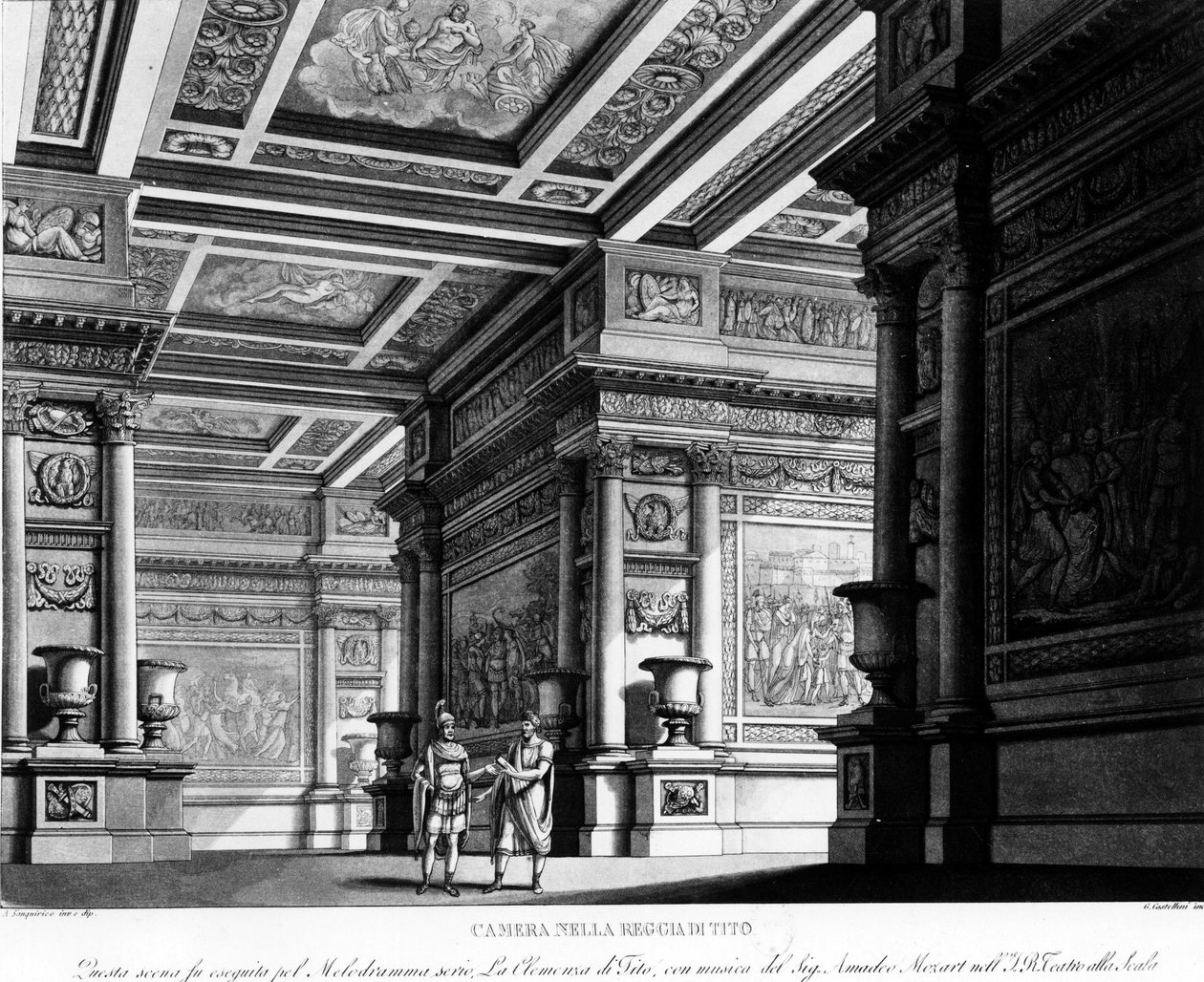 Ópera: "La Clemeza di Tito", música de Mozart, na Casa de Milão - gravura em "Scene teatrali milano". de Unknown artist