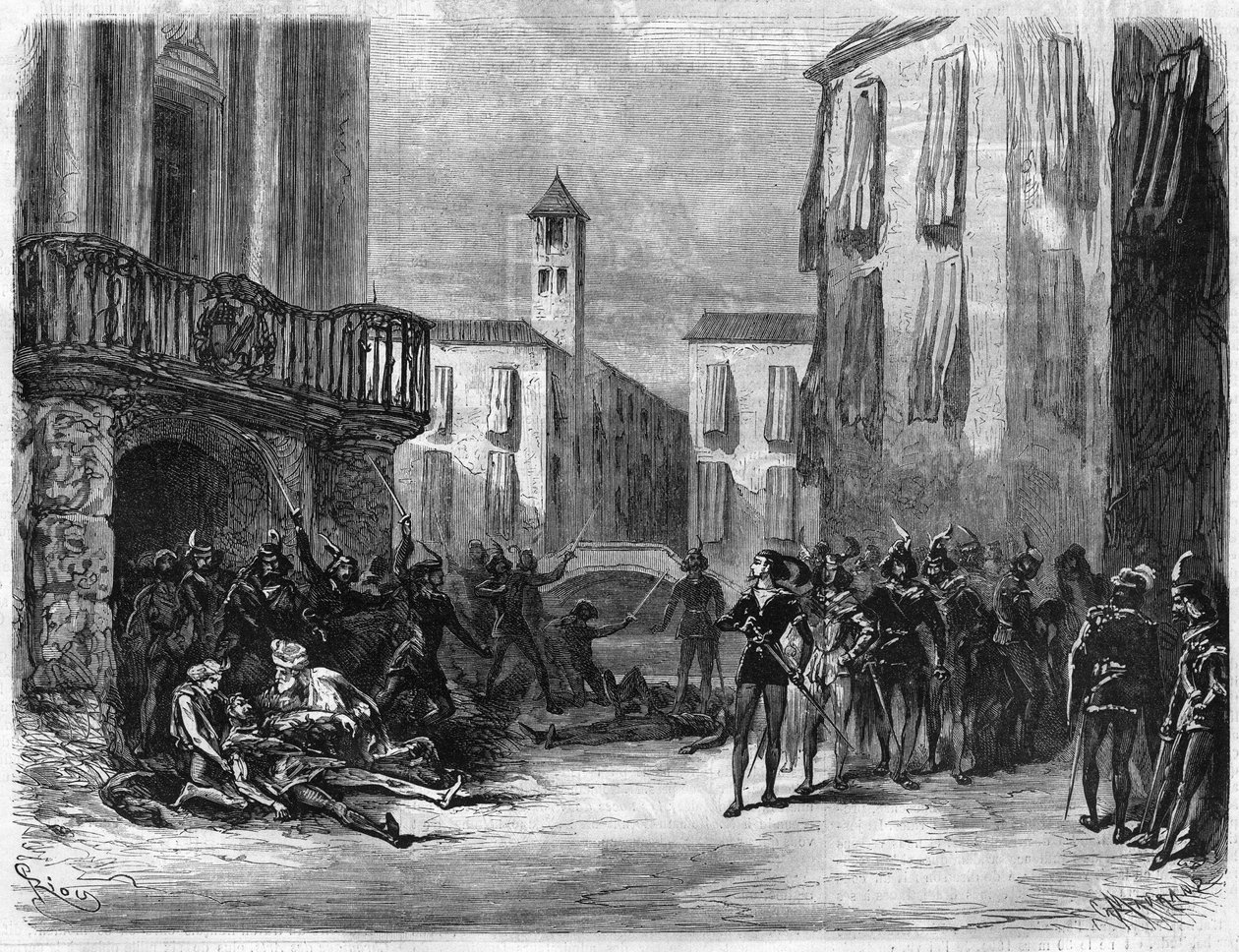 Ópera "Romeo et Juliette" de Jules Barbier (1825-1901) e Michel Carre (1821-1872). Música de Charles Gounod (1818-1893). Peça no teatro de ópera em Paris. Gravura em "The Illustrous Universe" (O Universo Ilustrado). de Unknown artist