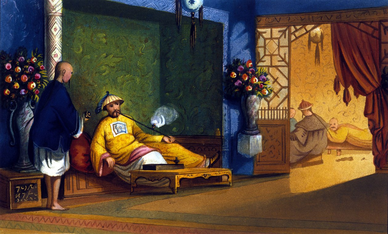 Fumaria de ópio na China, gravada por volta de 1830. de Unknown artist