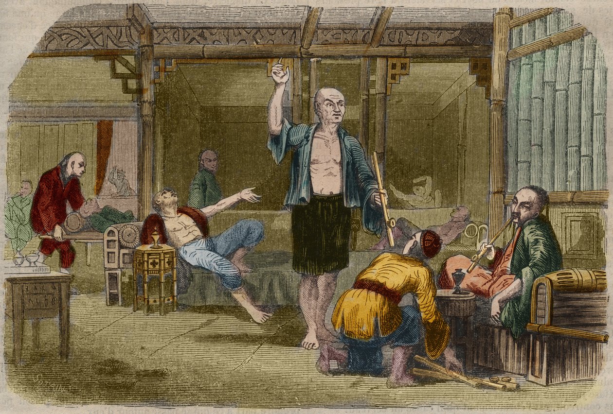 Fumadores de ópio na China, em meados do século XIX. Gravura de 1857 em "Le Musee Des Sciences". de Unknown artist
