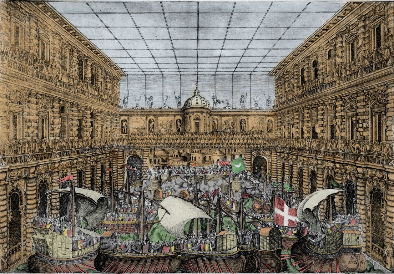 Orazio Scarabelli, Salão de Batalha Naval (naumaquia) ergue-se no pátio do Palazzo Pitti em Florença (Palácio Real da Família Medici, Grandes Duques da Toscana) Naumaquia no pátio do Palazzo Pitti, Florença de Unknown artist