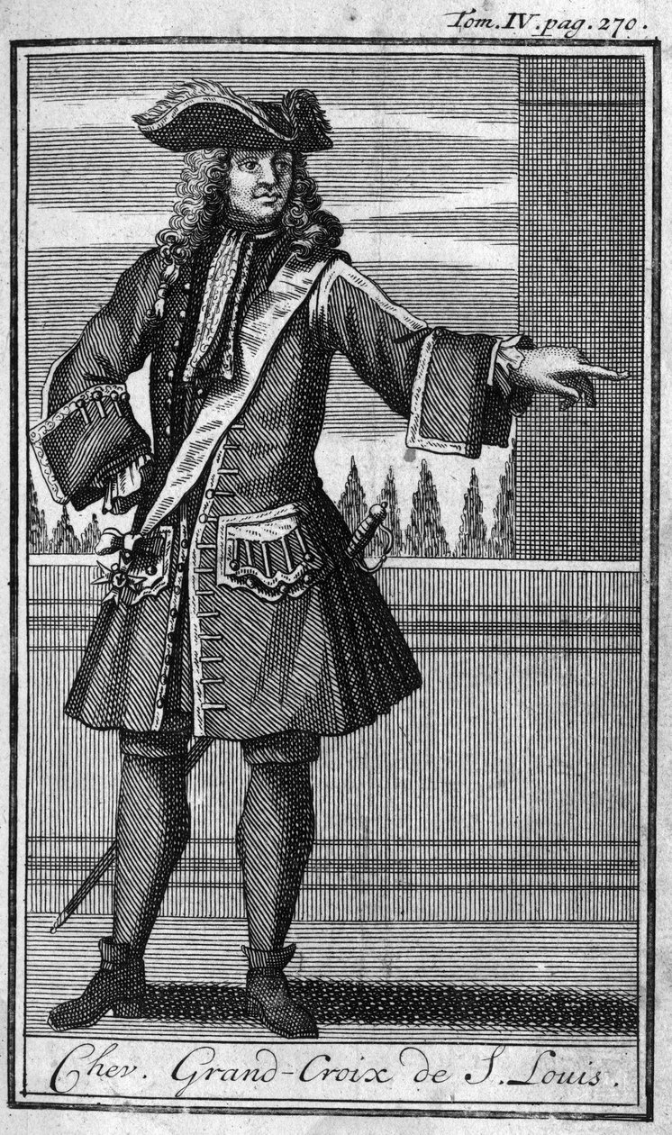 Ordens de Cavalaria. Chevalier Grand Cross de Saint Louis na França, no século XVII. Na "História das ordens militares ou cavaleiros, dos seculieres e milícias regulares de ambos os sexos, que foram estabelecidas até agora". Edição tirada de Abbe Giustini de Unknown artist